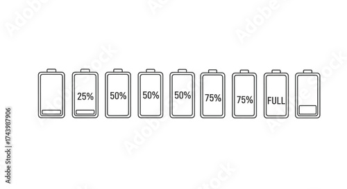 Battery level indicators showing full to empty states with percentage labels lineup vector
