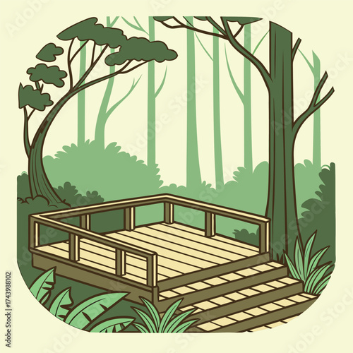 Wooden platform with stairs showcases serene nature view among green trees background