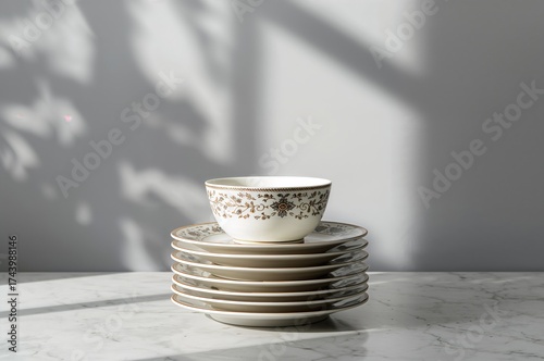 Pile of plates and a bowl a...