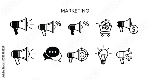 Doodle icons set for marketing business growth advertising promotion and communication concepts vector