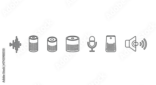 Hand-drawn icons representing smart speakers voice assistants and audio sound waves vector