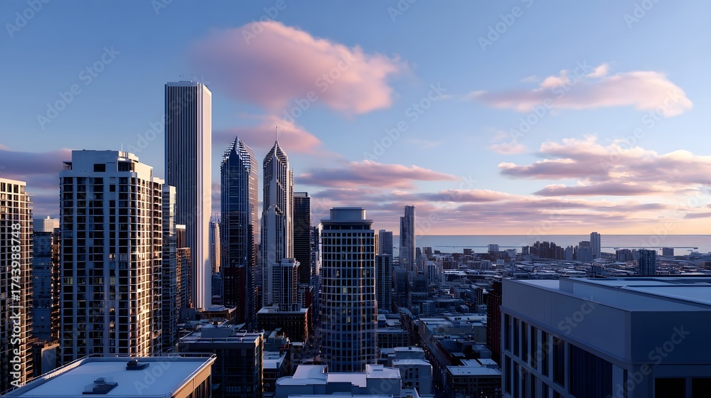 Obraz premium Towering skyscrapers and sleek modern buildings dominate the cityscape, with a vibrant sunset casting colorful reflections across the urban landscape.