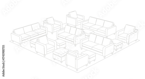 Modern living room furniture arrangement plan with sofas coffee table and chairs isometric view vector