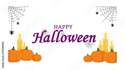 Halloween Festive Celebration: A festive illustration showcases Halloween cheer, with glowing candles, charming pumpkins, and spooky spider webs creating an eerie yet delightful scene.