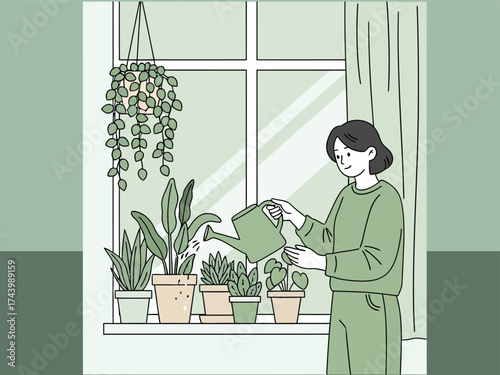 Woman watering plants by a window in a minimalist illustration