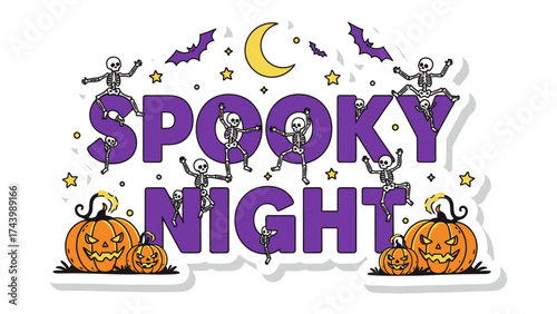 Spooky Night Illustration: A whimsical illustration celebrates the eerie atmosphere of Halloween, featuring playful skeletons, glowing jack-o'-lanterns, a crescent moon, and a sprinkling of stars.