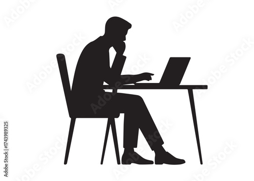 Man in chair at table with laptop Vector Design