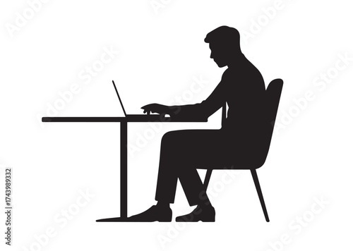 Man in chair at table with laptop Vector Design