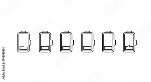 Set of six outline icons depicting various stages of battery charge and power levels vector