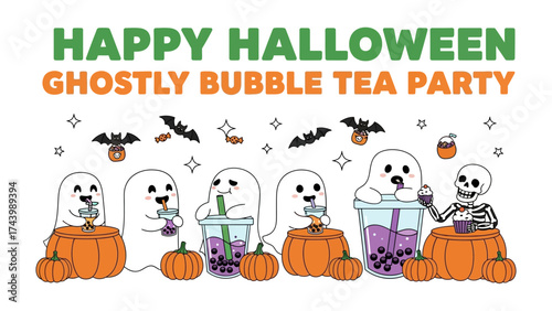 Spooky Bubble Tea Party: A cheerful, cartoonish gathering of Halloween characters, featuring ghostly figures, pumpkin decorations, and bat accents, enjoying bubble tea beverages.