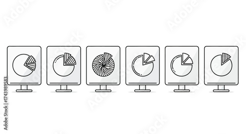 Monitors displaying progressive pie chart data showing growth and analysis over time vector