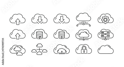 Collection of cloud computing icons representing data storage upload download and security services vector