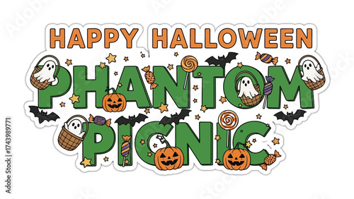 Phantom Picnic Halloween: A playful and festive design for Halloween, featuring whimsical elements such as ghosts, pumpkins, bats, and candy, ready to bring joy to the holiday. 