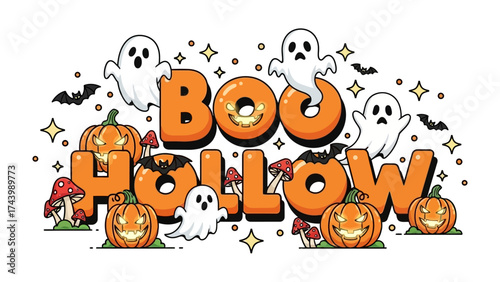 Boo Hollow Halloween Festive: Spooky ghosts and grinning pumpkins herald Halloween in an artful, festive scene. An ideal depiction of the season.