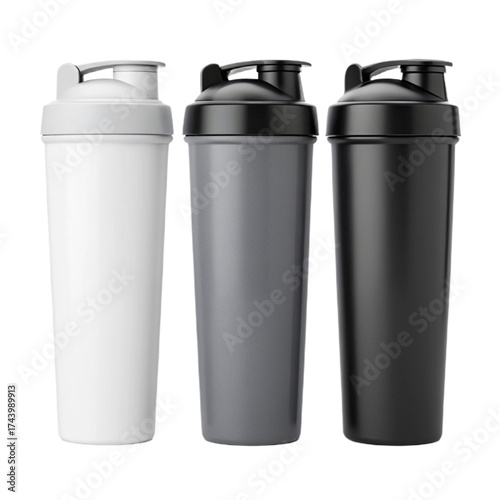 Set of three protein shaker bottles in white, grey, and black colors. Isolated on transparent background, png