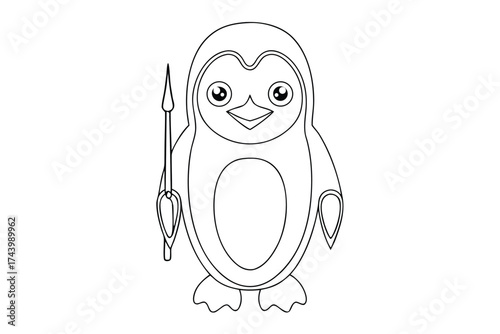 A cartoon penguin with a spear stands ice holding a fish vector