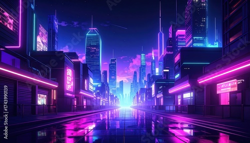 Cyberpunk Cityscape at Night with Neon Lights and Reflections on Wet Pavement