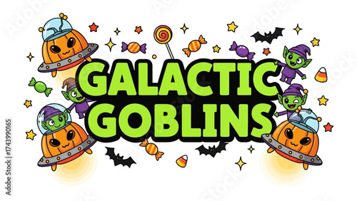 Galactic Goblins Celebration: An artistic and fantastical Halloween illustration filled with vibrant aliens and celestial elements, capturing the festive spirit.