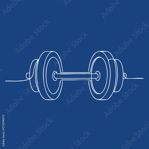 Minimalist Line Drawing of a Dumbbell on a Solid Blue Emphasizing Fitness and Strength Training Equipment