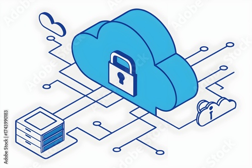 Isometric 3D Illustration of Secure Cloud Computing and Data Storage