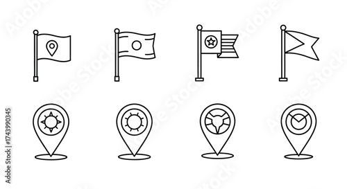 Set of map pin icons and flag icons hand drawn outline style vector