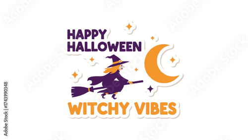 Halloween Witchy Vibes: A whimsical illustration showcases a witch, soaring across the night sky on her broom, against the backdrop of the crescent moon.