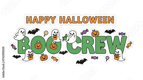 Happy Halloween Boo Crew: Whimsical and friendly ghosts, pumpkins, and bats create a spirited Boo Crew greeting.