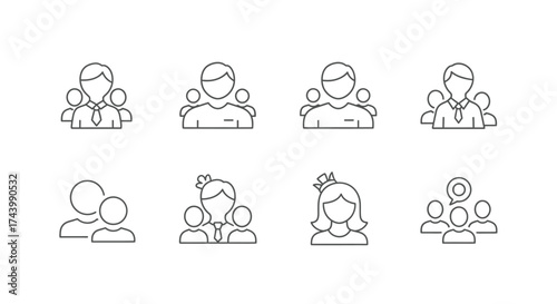 Diverse group icon set representing people families and community collaboration in outline style vector