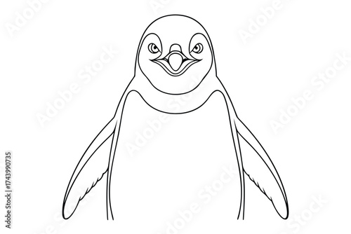 A cartoon penguin with open beak wings spread in a line drawing bird animal