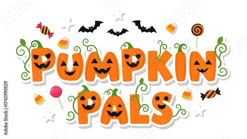 Festive Pumpkin Pals Typography: A whimsical and colorful typographic design celebrating Halloween, featuring grinning pumpkin faces and playful details that evoke the spirit of spooky fun. 