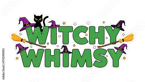 Witchy Whimsy: Whimsical illustration celebrating Halloween, with broomsticks, hats and a cat, ideal for playful, magical designs.
