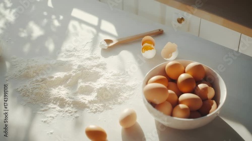 Brown eggs sit in a white bowl on a flour dusted table, accompanied by a wooden spoon, broken eggshells, and a jar of baking ingredients, all bathed in sunlight streaming through a nearby window