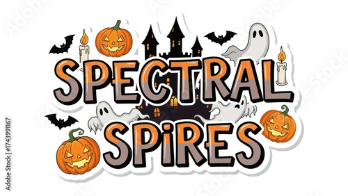 Spectral Spires Halloween Design: Spooky design captures the essence of the haunted holiday, with spectral spires, pumpkins, bats, and ghosts create a festive and eerie atmosphere.
