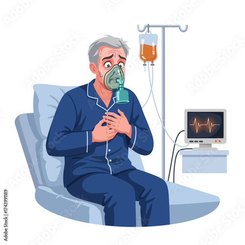 Worried senior man in hospital bed wearing oxygen mask and monitored by medical equipment for healthcare marketing and advertising campaigns