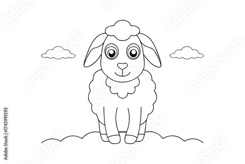 A cartoon sheep with fluffy wool stands in a meadow with clouds animal farm