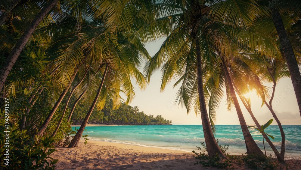 Fototapeta premium Beautiful palm trees around the shoreline with water at dawn or dusk