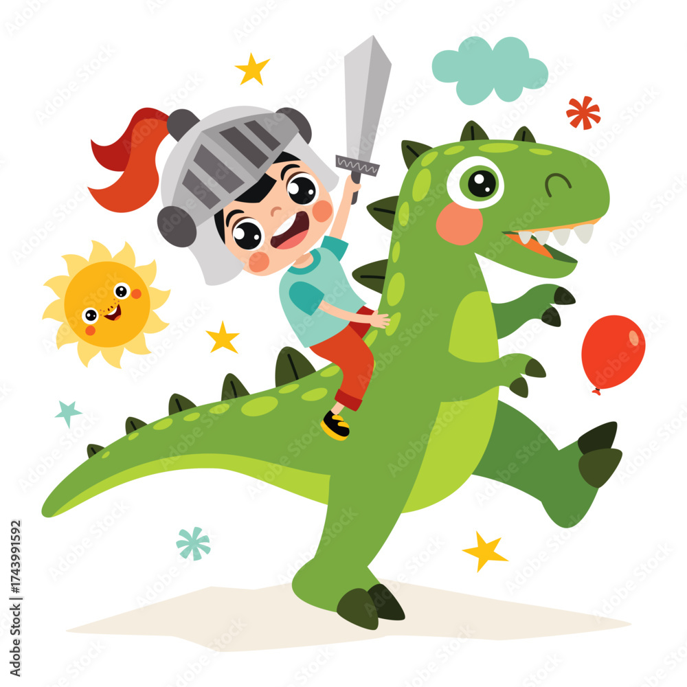 Naklejka premium Cartoon Kid Riding Cute Dinosaur