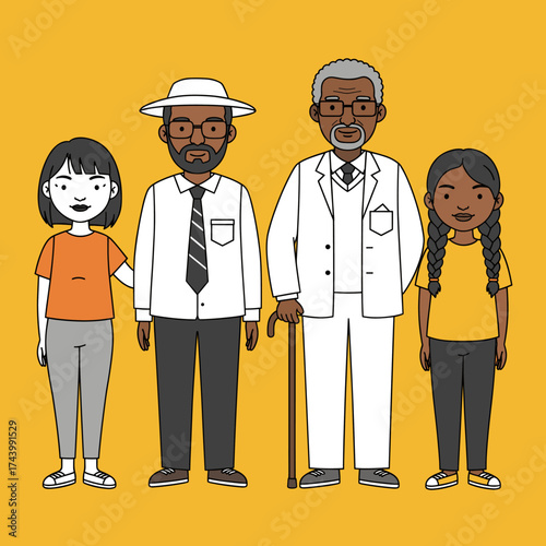Diverse Multi-Generational Family Group Illustration on Yellow Background