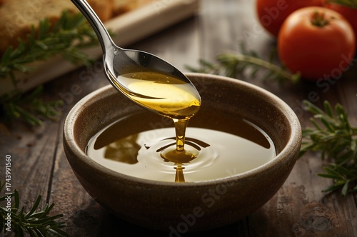 Pouring olive oil into a dish