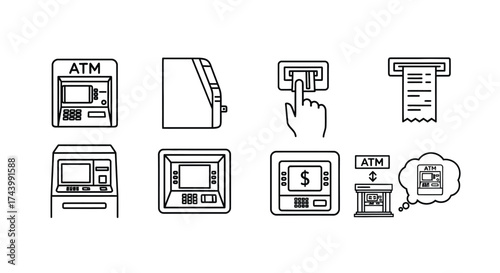 Set of line icons representing atm machines and transactions for financial services vector