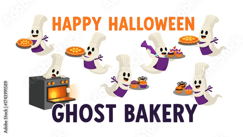 Happy Halloween Ghost Bakery: A whimsical and festive illustration of a ghost bakery in full swing for Halloween, filled with smiling ghost chefs baking and serving a variety of delightful treats.