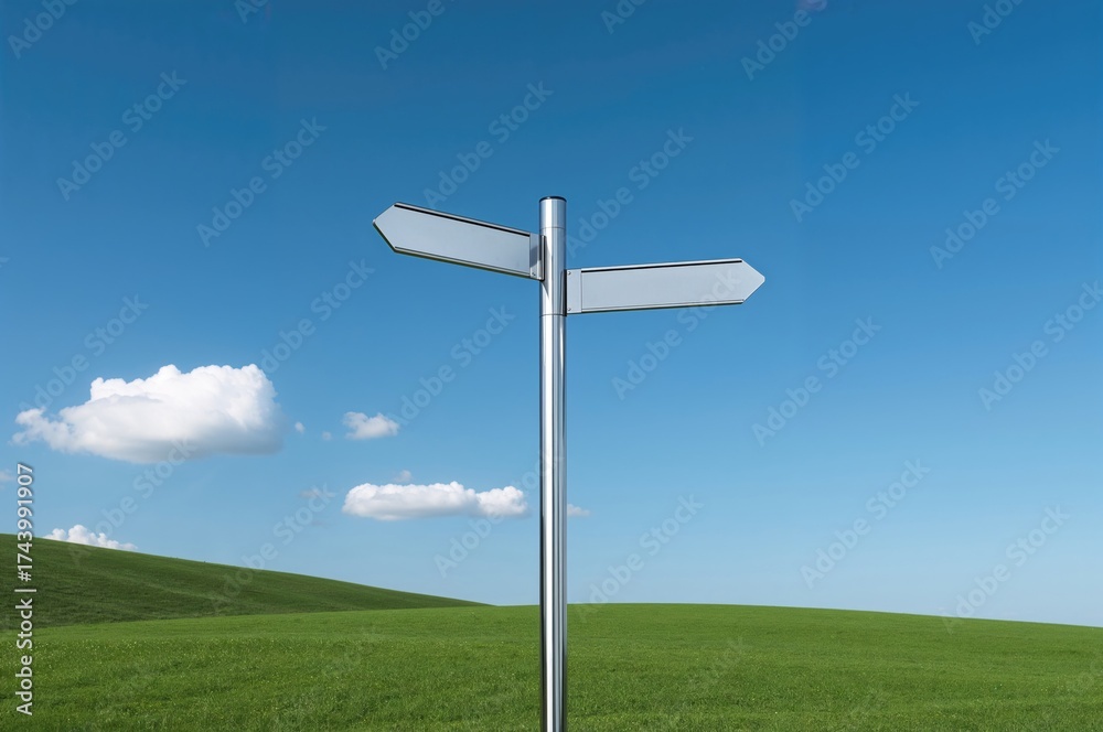 Fototapeta premium Four-way directional signpost with empty panels set against a clear blue sky