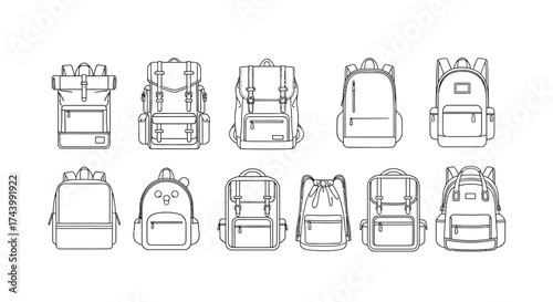 Collection of diverse backpack styles hand drawn outline sketches ready for adventure and travel vector
