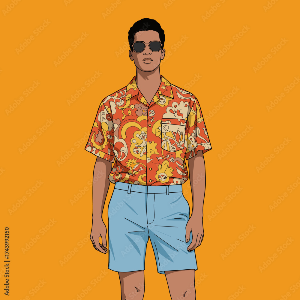 Fototapeta premium Cool Man in Hawaiian Shirt, Shorts, and Sunglasses on Orange Background. Summer Fashion Illustration.