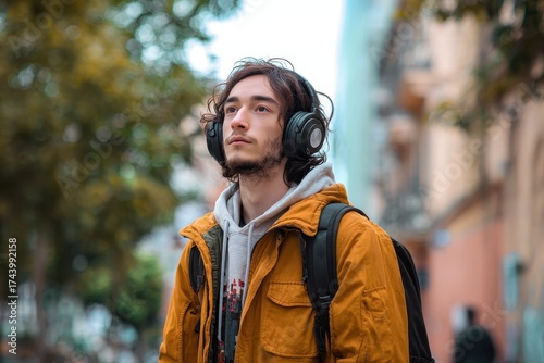 Outdoor youth with headphones and a backpack