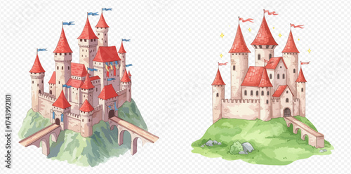 Watercolor illustration of two fairytale castles with red roofs on green hills.
