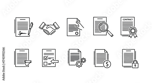 Set of contract and document icons representing business and legal agreements vector