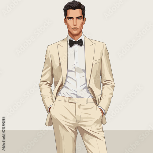 Dapper gentleman in light-colored suit and black bow tie, elegant fashion illustration