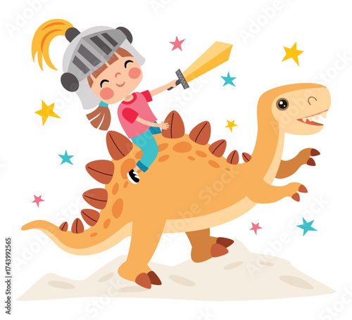 Cartoon Kid Riding Cute Dinosaur