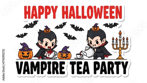 Vampire Tea Party: A whimsical scene unfolds as two charming vampires engage in a playful Halloween tea party, featuring festive pumpkins, bats, and a candleabra, perfect for spooky festivities.